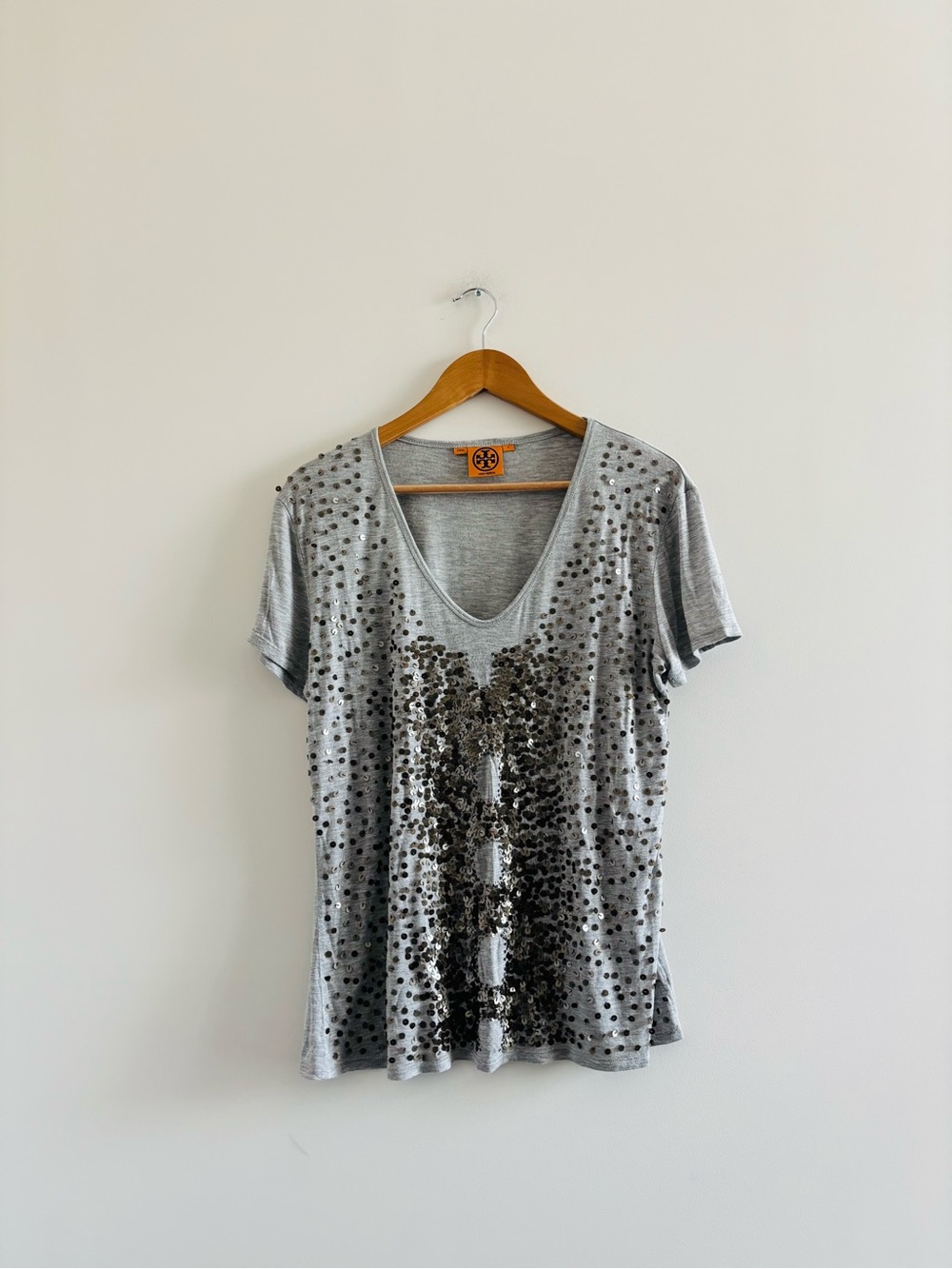 Tory Burch Top Gray Silver Sequin Modal Short Sleeve V-Neck Women S Party Casual